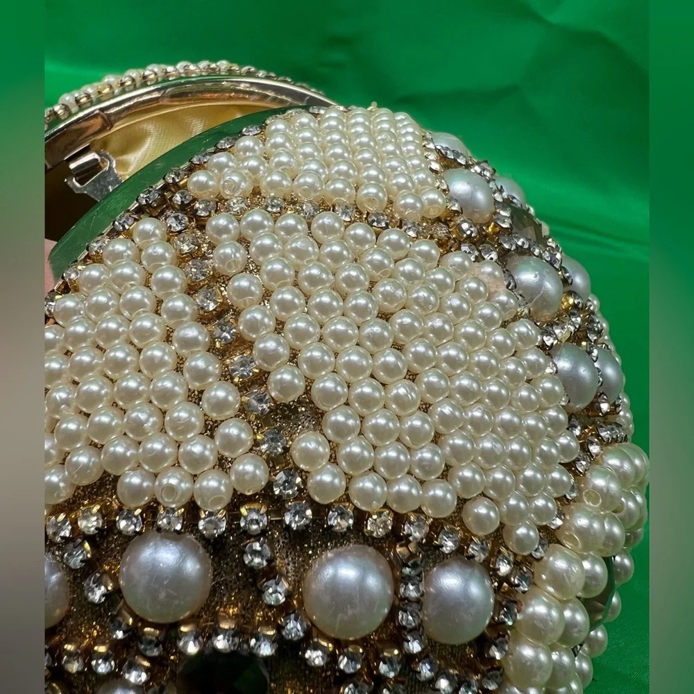 Unique Round beaded: Evening Clutch, wedding wristlet with long gold chain